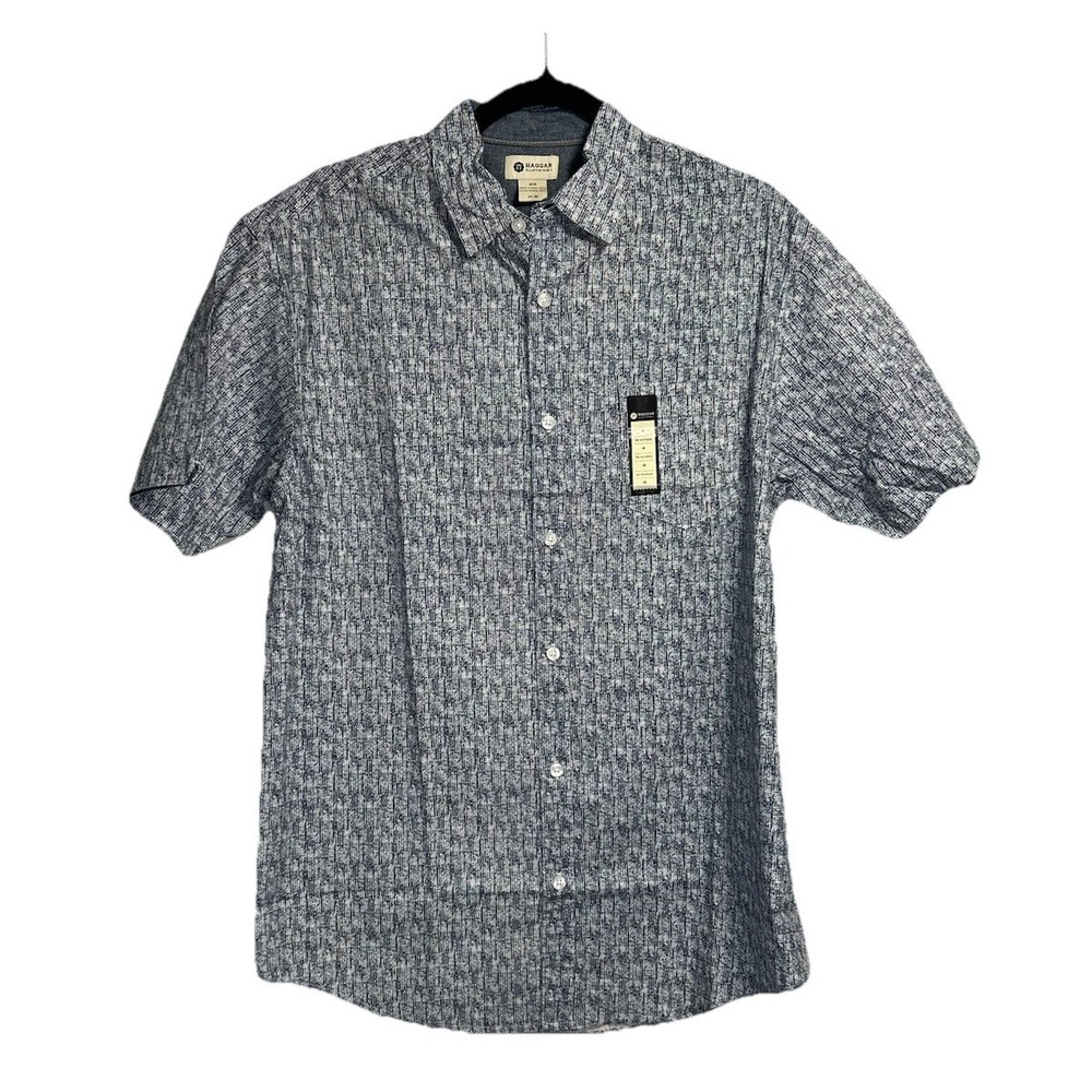 New Haggar Shirt Men's Medium Blue Woven Poplin Button Up Geometric Short Sleeve
